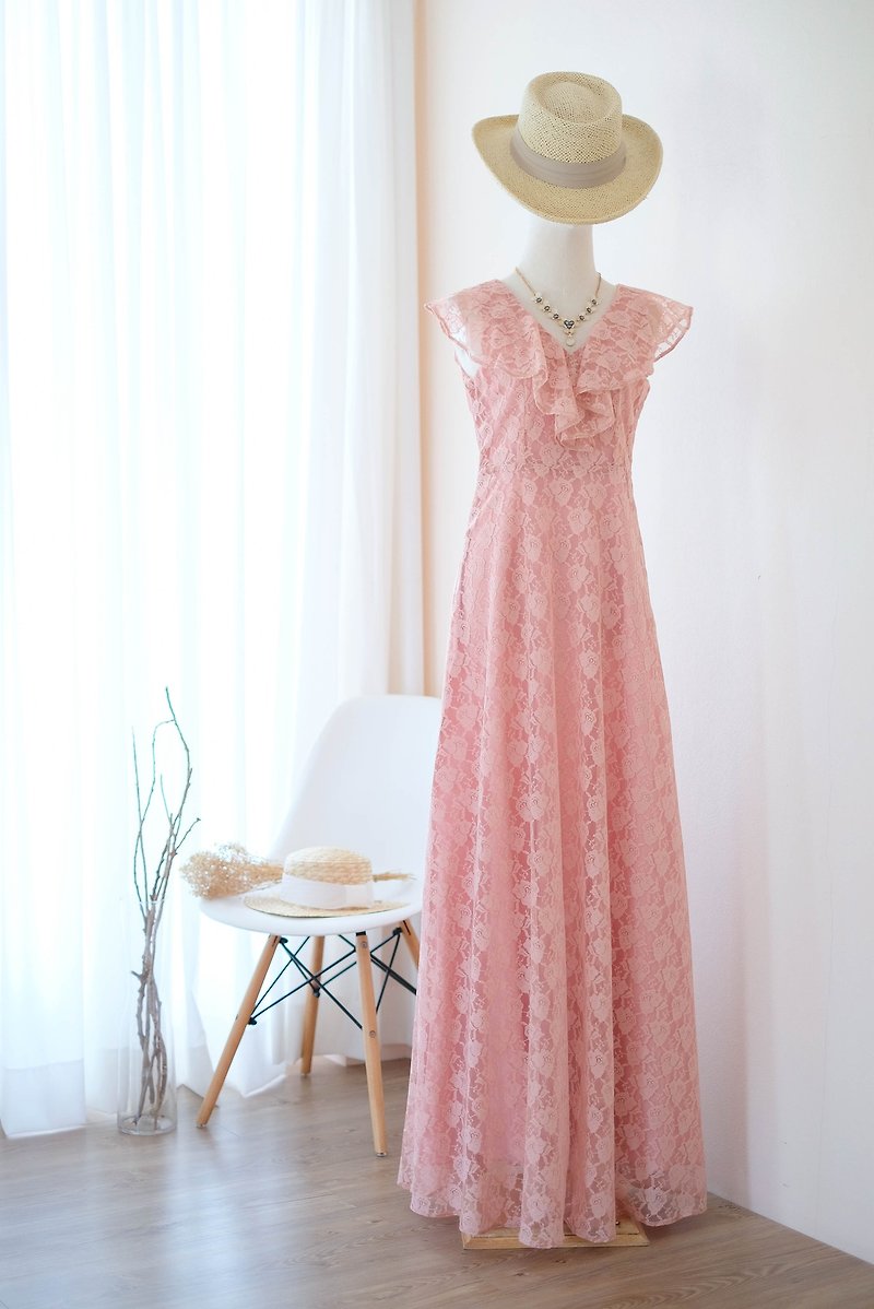 Pink Nude Lace Maxi dress Summer dress Bridesmaid dress Cocktail party dress - 晚装/礼服 - 聚酯纤维 粉红色