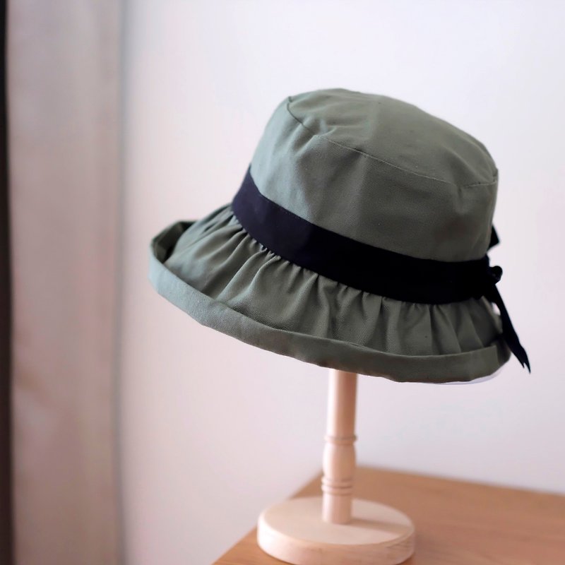 日式卡其卷边双面渔夫帽/军绿色 - 帽子 - 棉．麻 绿色