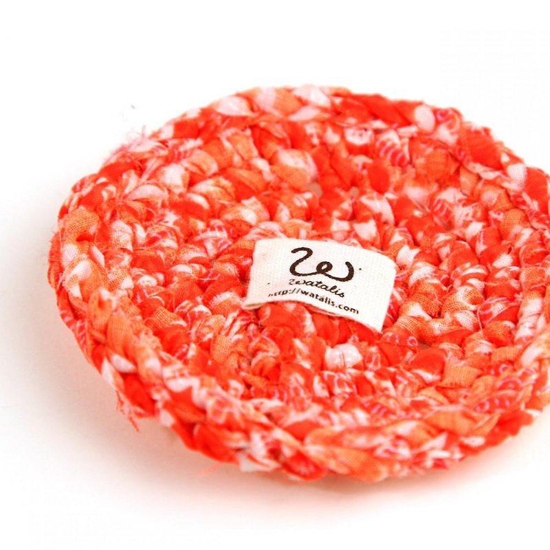 爽やかオレンジ　きもの裂き編みコースター - 杯垫 - 棉．麻 橘色