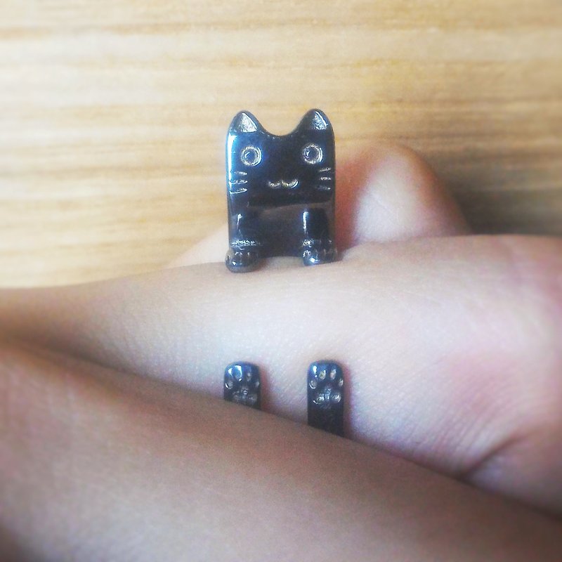 黑色特别限定版抱抱猫纯银戒指 - 戒指 - 其他金属 黑色