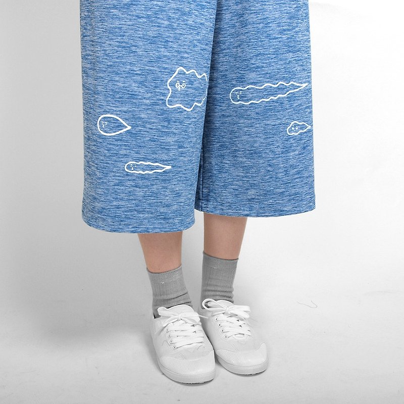【HEYSUN】无拘无束，漂泊的云绢印轻刷毛宽松七分裤-麻花蓝 - 女装长裤 - 棉．麻 蓝色