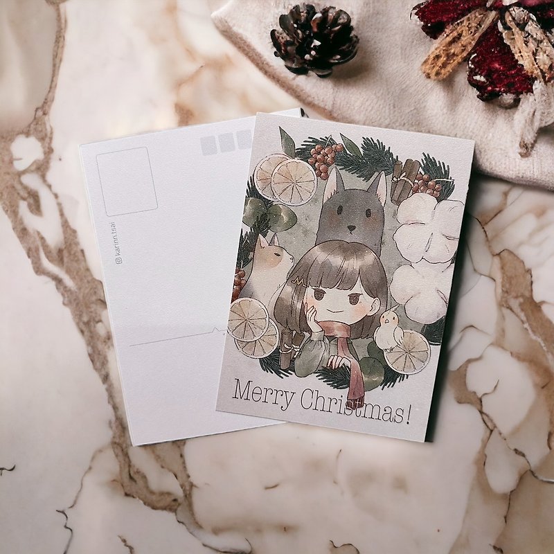 圣诞明信片 圣诞卡 节日印象系列 小桃与她的动物朋友 - 卡片/明信片 - 纸 白色