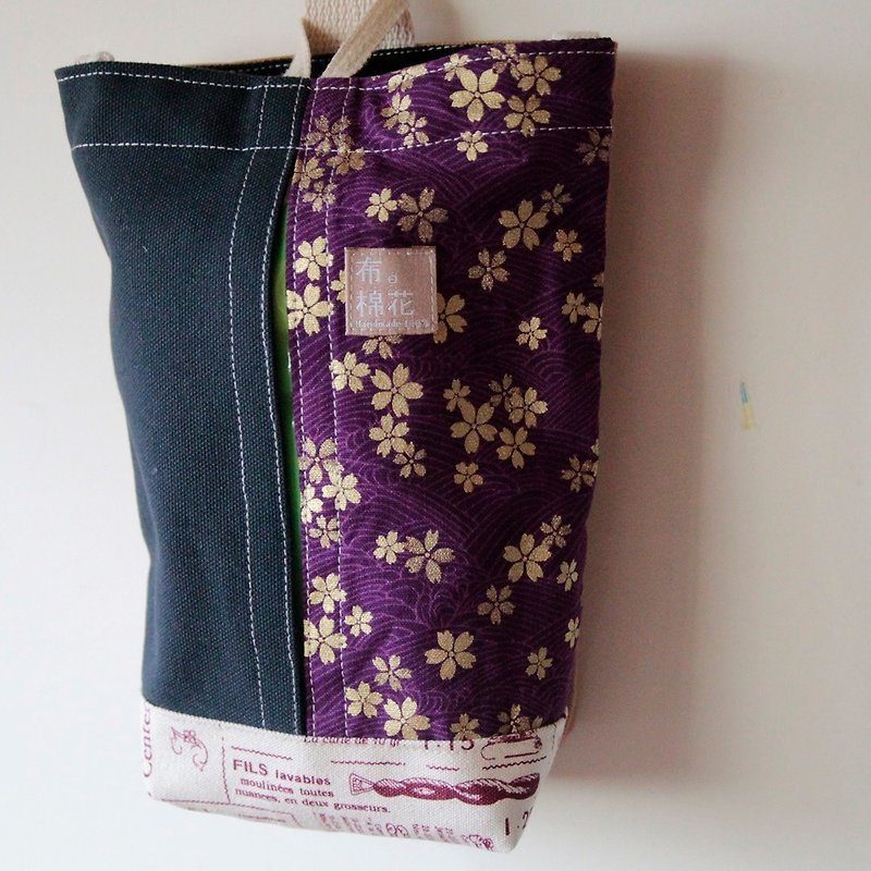 帆布挂式面纸套, 抽取卫生纸面纸盒, 紫色金花和风, 英文书报 - 收纳用品 - 棉．麻 紫色