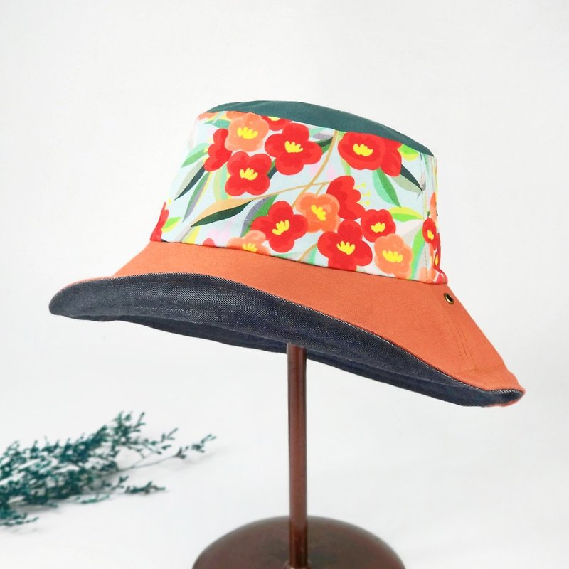 小牛村 手工双面帽 渔夫帽 可爱气质【珊瑚橘红花】BF-94 - 帽子 - 棉．麻 红色