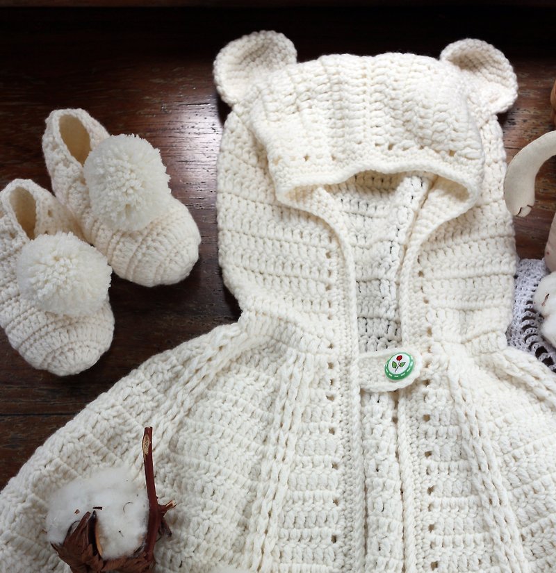 手作-奶白色-BABY小熊斗篷+小鞋-手编织温暖-柔软有机美丽诺羊毛-弥月礼物 - 满月礼盒 - 羊毛 白色
