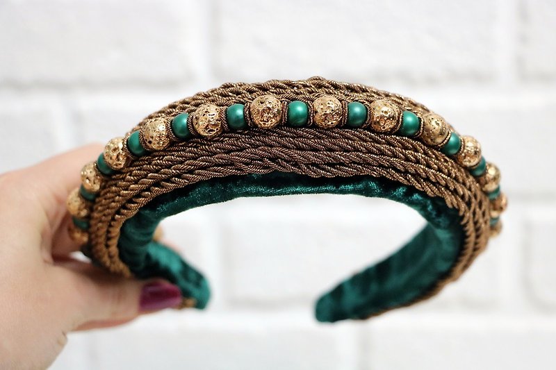 Green handmade headband Deep green tiara Emerald crystals headband