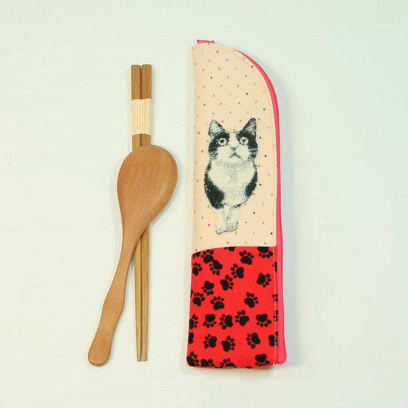 刺绣 筷袋07-猫 - 筷子/筷架 - 棉．麻 粉红色