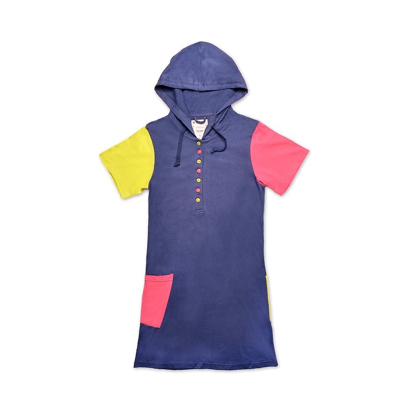 缤纷色彩拼布 领口排扣 长版帽Tee-紫罗兰紫 - 女装 T 恤 - 棉．麻 蓝色