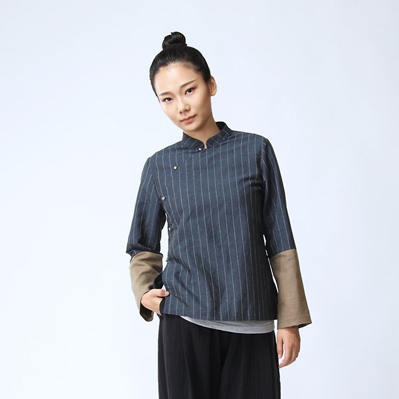 不服 中国风斜襟条纹拼色套头衫 复古靛青衬衫 SH160704 - 女装衬衫 - 棉．麻 蓝色