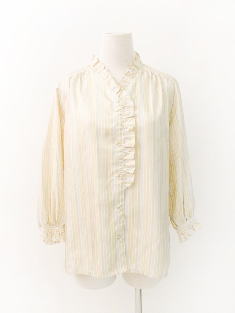 复古鹅黄色条纹立领古着衬衫 Vintage Blouse 90s - 女装衬衫 - 聚酯纤维 黄色