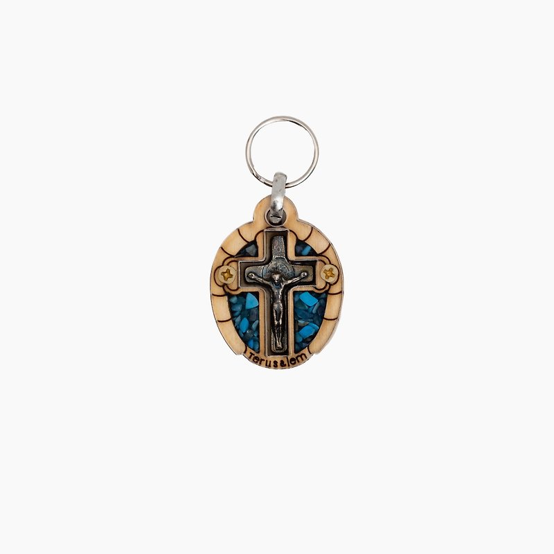 钥匙圈万用挂饰坠饰进口耶稣十字架激光雕刻手工镶嵌彩石12 - 钥匙链/钥匙包 - 其他材质 多色
