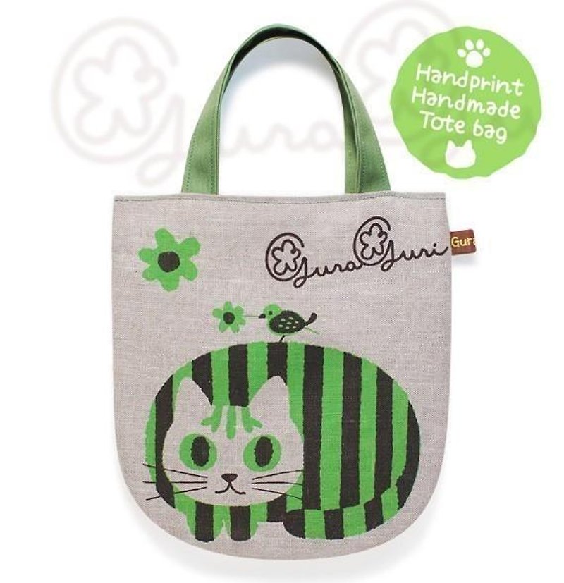GuraGuri｜リネン・ミニトートバッグ｜グリーンの丸い猫 - 手提包/手提袋 - 棉．麻 绿色