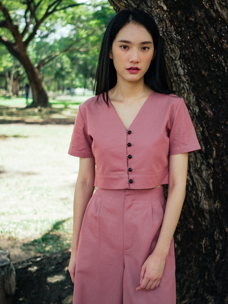 (SIZE S) ROSE PINK COTTON LINEN BUTTON FRONT CROP TOP - 女装上衣 - 棉．麻 粉红色