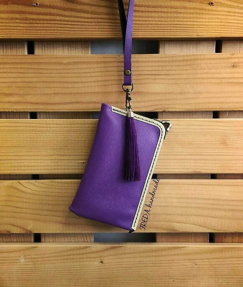 【MY。手作】Ｌ型口金手机套 ~ 紫色十字纹 - 手提包/手提袋 - 真皮 紫色