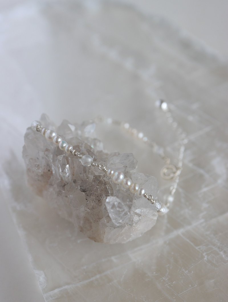 925Silver 月光石×珍珠 天然石手链/脚链 - 手链/手环 - 宝石 白色