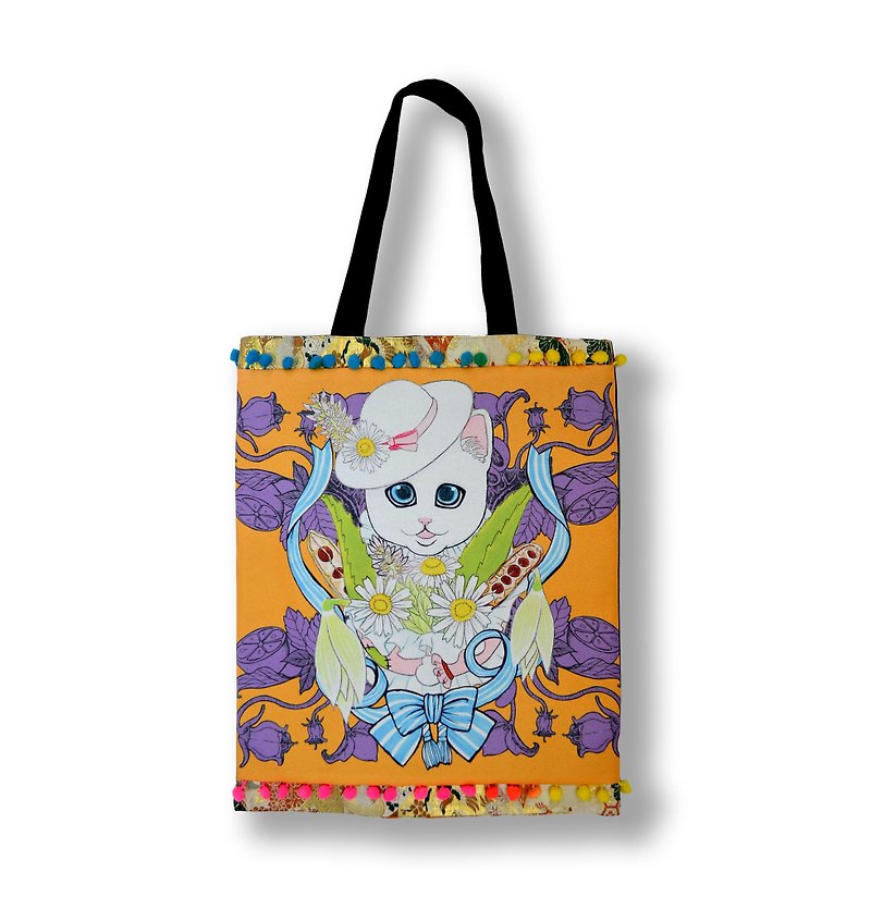 GOOKASO 双面购物袋 TOTE BAG 橙橘色花束猫咪 棉麻印花图案 背面日本和服织锦绸缎 缀彩色小球花边 - 手提包/手提袋 - 棉．麻 橘色