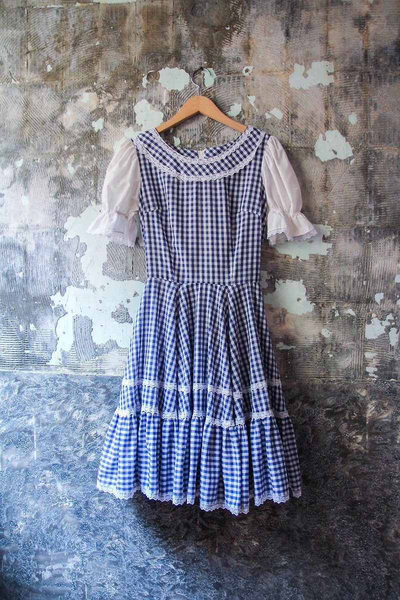 Vintage 美式蓝格子圆领蕾丝澎袖洋装   - 洋装/连衣裙 - 棉．麻 