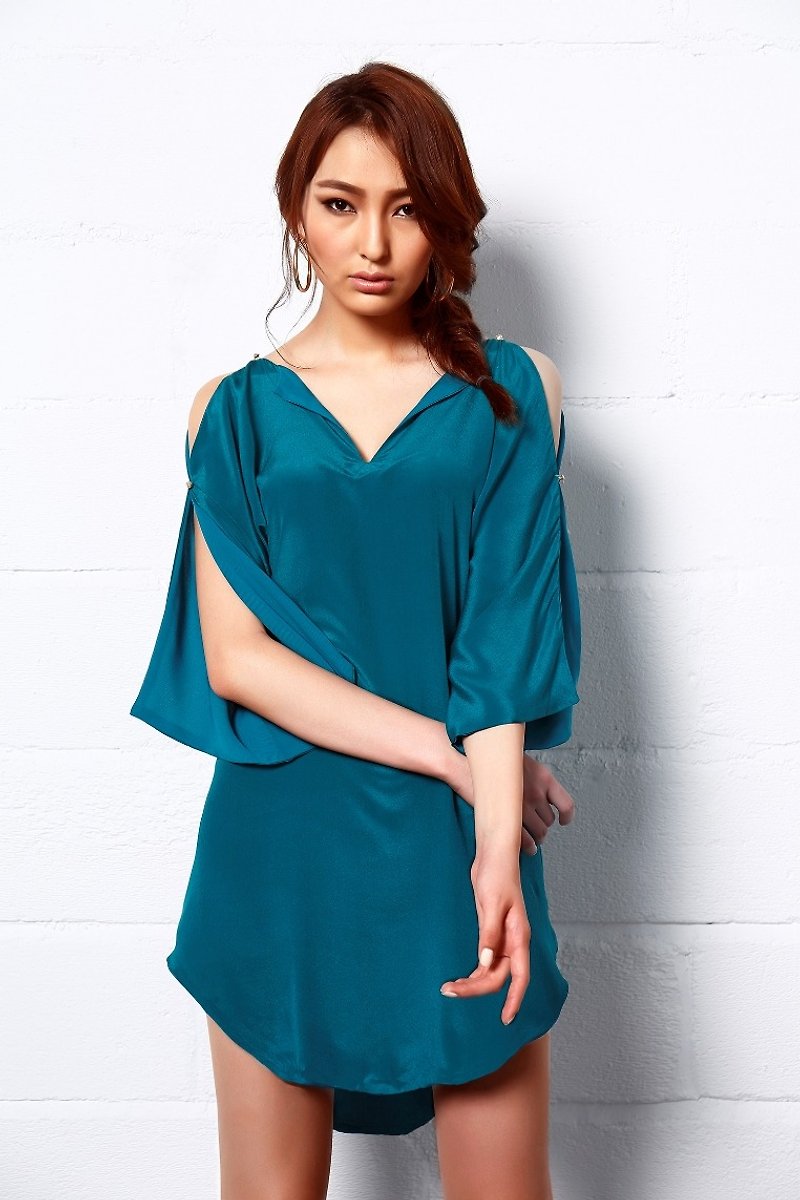 宽松开袖丝质短裙蓝绿色 - 裙子 - 丝．绢 绿色