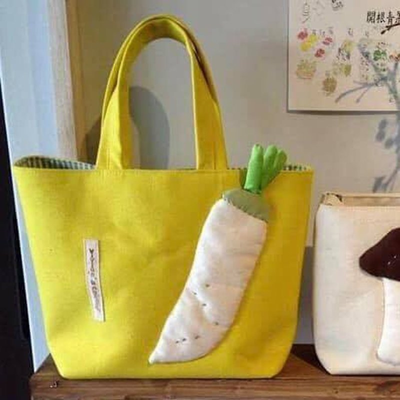 白萝卜手提袋/芥末黄底 - 手提包/手提袋 - 棉．麻 白色