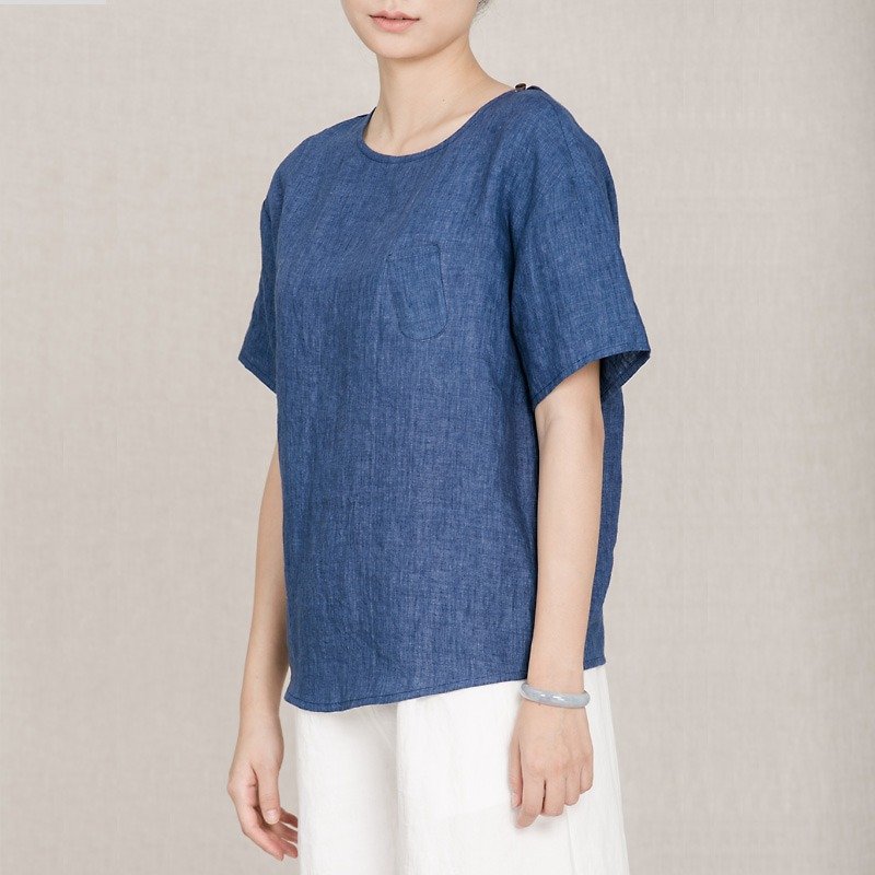 基本款亚麻套头短袖衬衫纯色口袋T恤 藍SH161018B - 女装衬衫 - 棉．麻 蓝色
