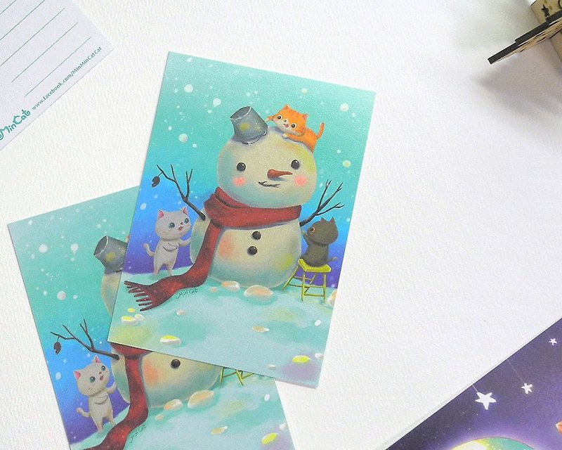 猫猫一起来堆雪人 明信片 - 卡片/明信片 - 纸 蓝色