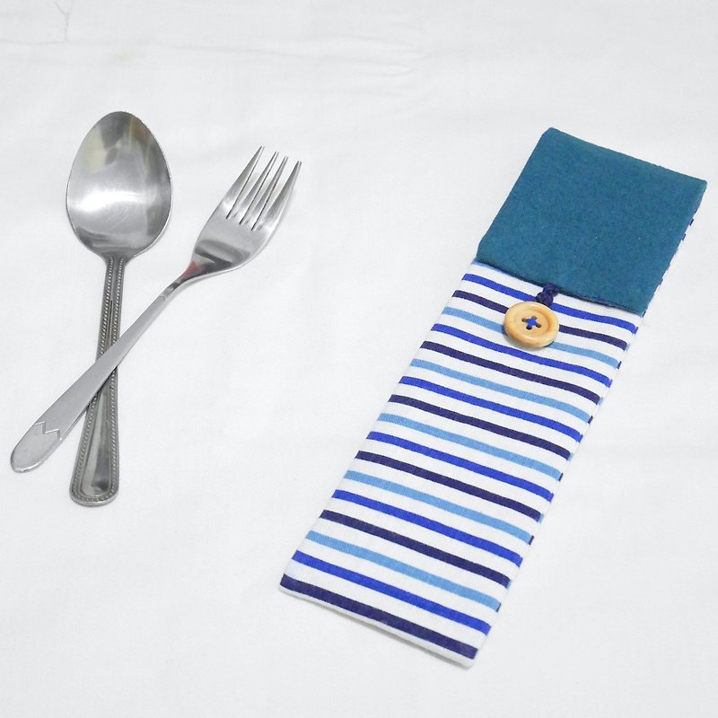 [蓝条纹撞色餐具套-不含餐具] - 筷子/筷架 - 棉．麻 蓝色