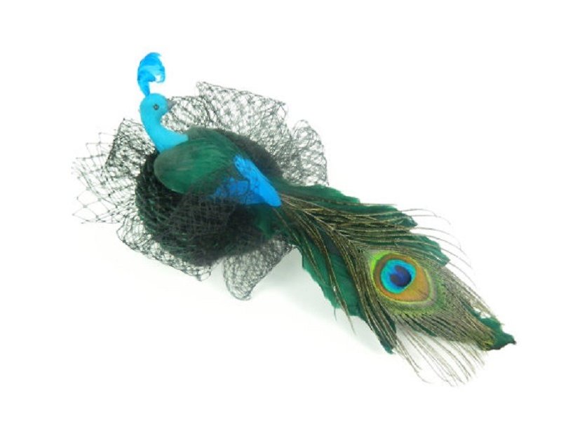 Fascinator Headpiece with Feathered Peacock Emerald Green & Turquoise with Black Veil - Cocktail Hat Burlesque Show Girl - 发饰 - 其他材质 多色