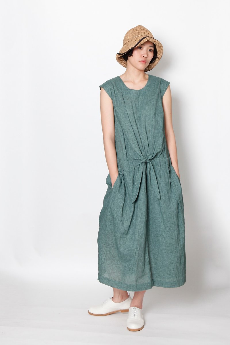 And – 茶舞派对 – 小盖袖绑带洋装 - 洋装/连衣裙 - 棉．麻 绿色