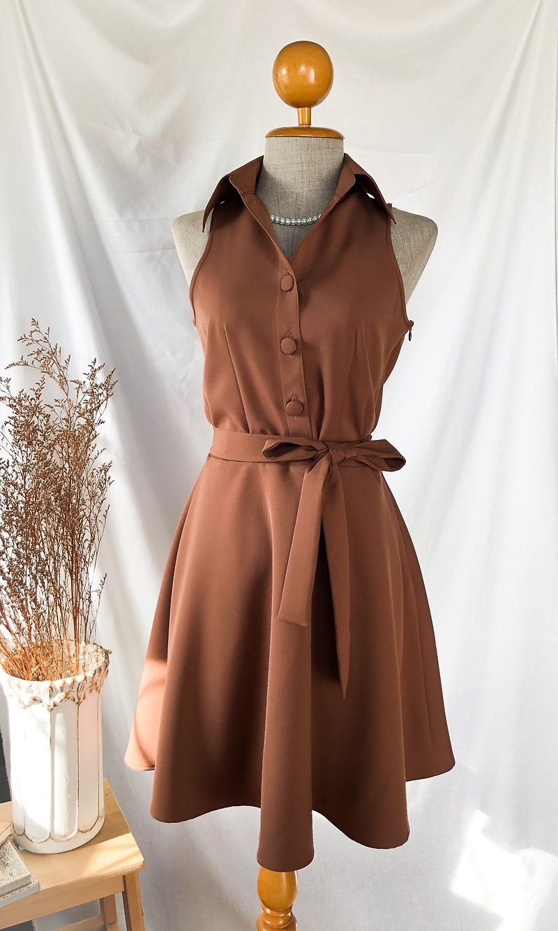 Brown shirt dress summer retro vintage sundress brown shirt prom collar dress - 洋装/连衣裙 - 聚酯纤维 咖啡色