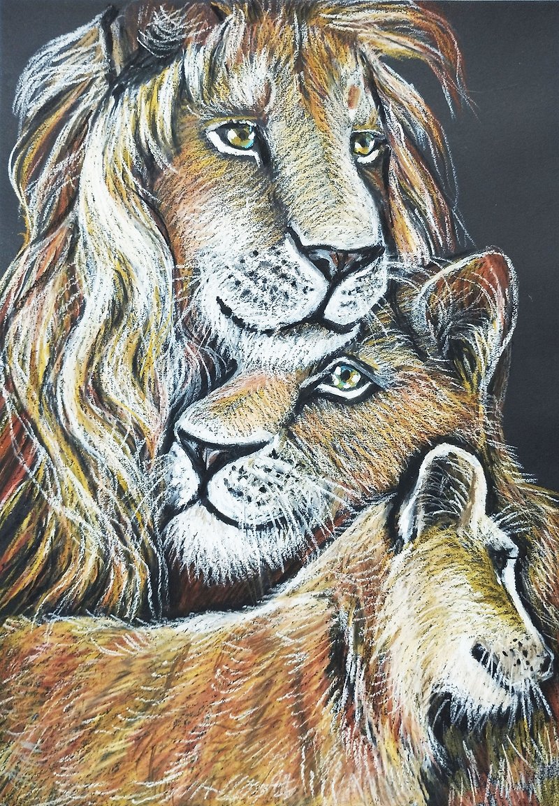 狮子家族油画粉彩肖像艺术动物画家庭画爱情 - 墙贴/壁贴 - 纸 咖啡色
