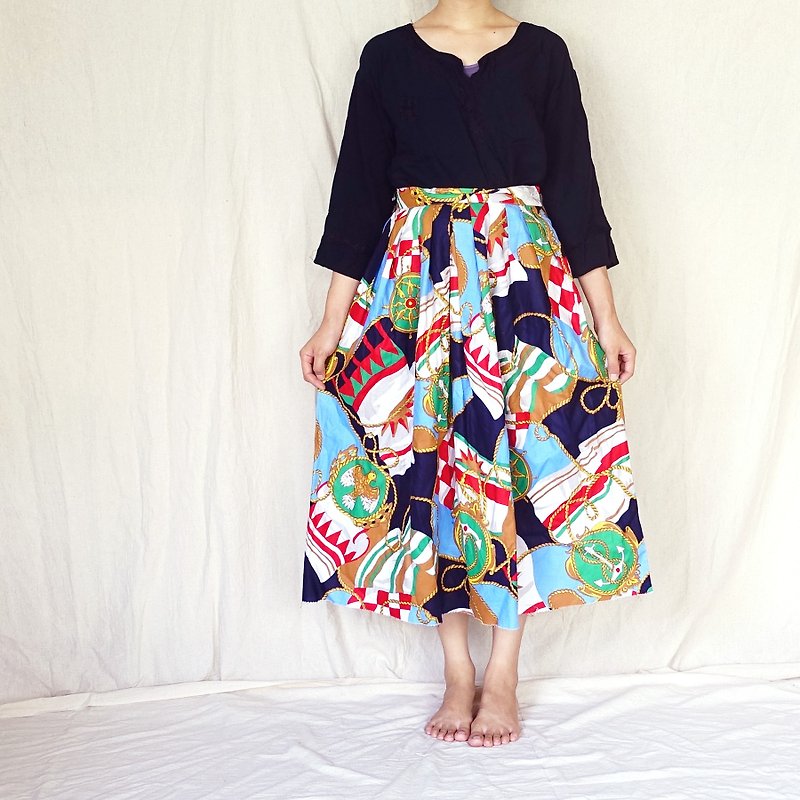 BajuTua /古着/ 美国制 80's Herman Geist 海洋印象及膝裙 - 裙子 - 棉．麻 多色