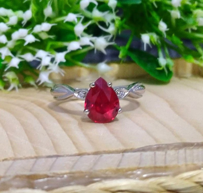 Natural ruby ring silver sterling or ring wedding size 7.0 free resize - 戒指 - 纯银 红色