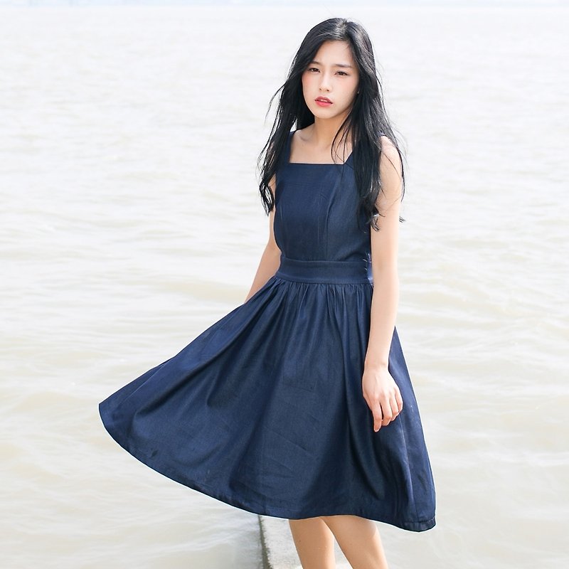 安妮陈原创设计无与伦比的美丽 2016夏季新款深色女款吊带连衣裙 - 洋装/连衣裙 - 棉．麻 蓝色