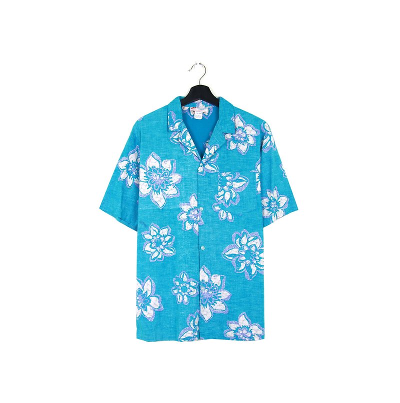 Back to Green:: 粉末蓝 花卉剪影图样 //男女皆可穿// vintage Hawaii Shirts (H-26) - 男装衬衫 - 棉．麻 