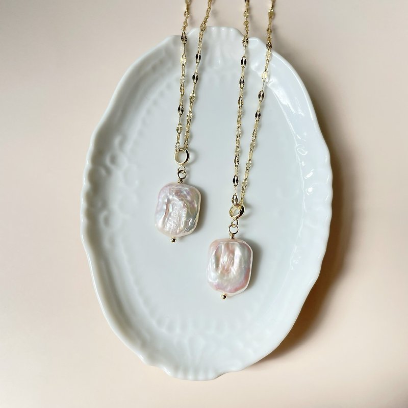Rectangle pearl necklace - 项链 - 不锈钢 金色