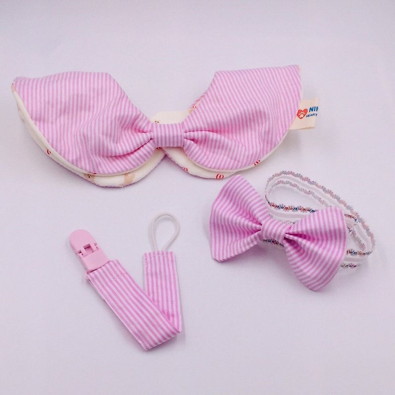粉色蝴蝶结设计弥月礼盒  圆形兜组合 二重纱 口水巾 弥月礼 - 满月礼盒 - 棉．麻 粉红色