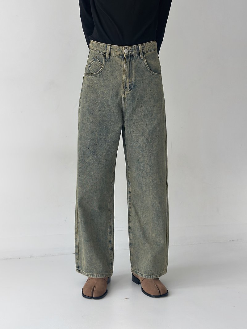 日系复古 做旧洗水直筒牛仔裤 - 男士长裤 - 其他材质 灰色