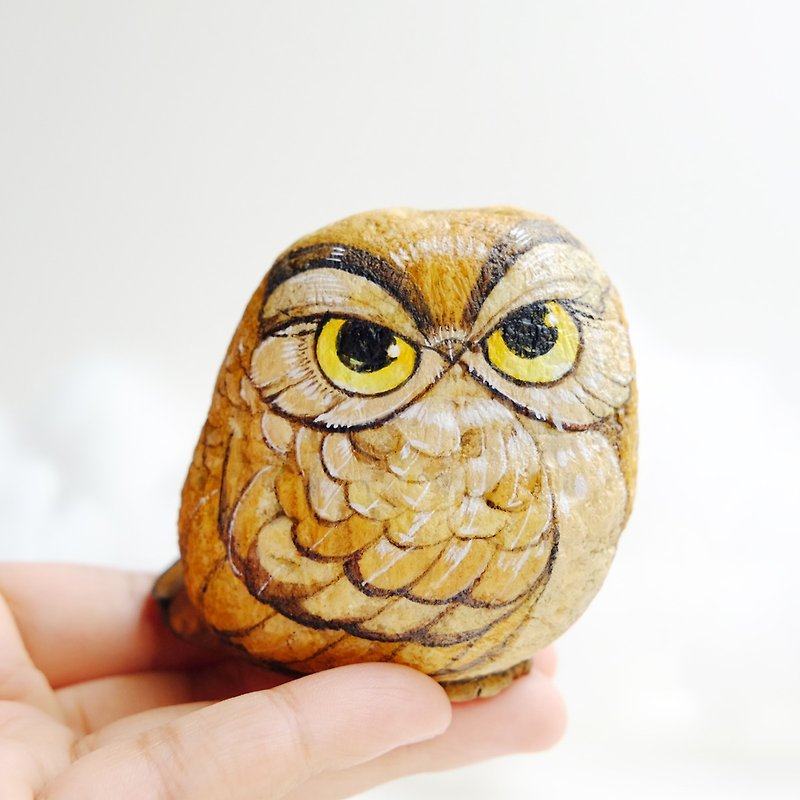 猫头鹰, 石头绘画,手工制作的礼物 - 玩偶/公仔 - 石头 咖啡色