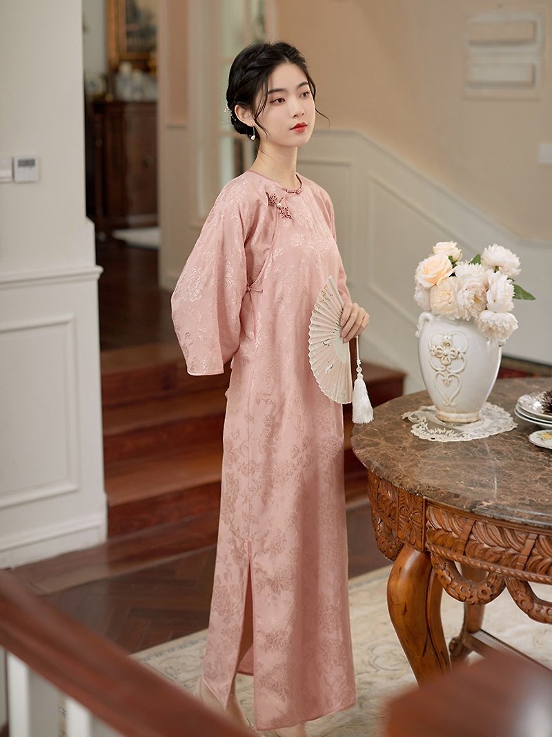 藕粉色 芙蓉 天絲麻提花無領倒大袖旗袍 復古改良新中式國風洋裝 - 旗袍 - 聚酯纤维 粉红色