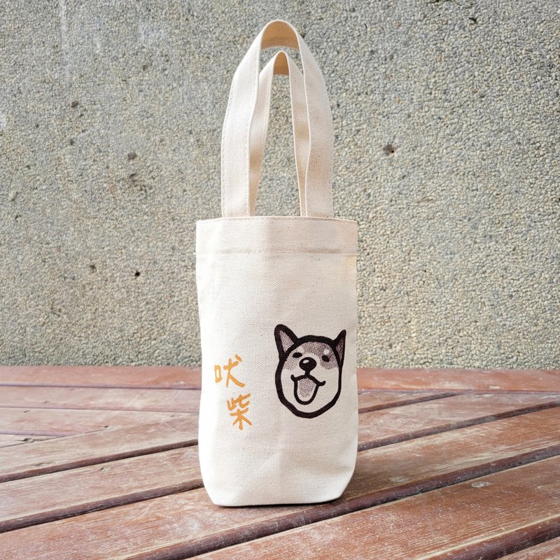 猫毛 原创手工绢印帆布饮料提袋 / 侧脸吠柴 - 手提包/手提袋 - 棉．麻 多色