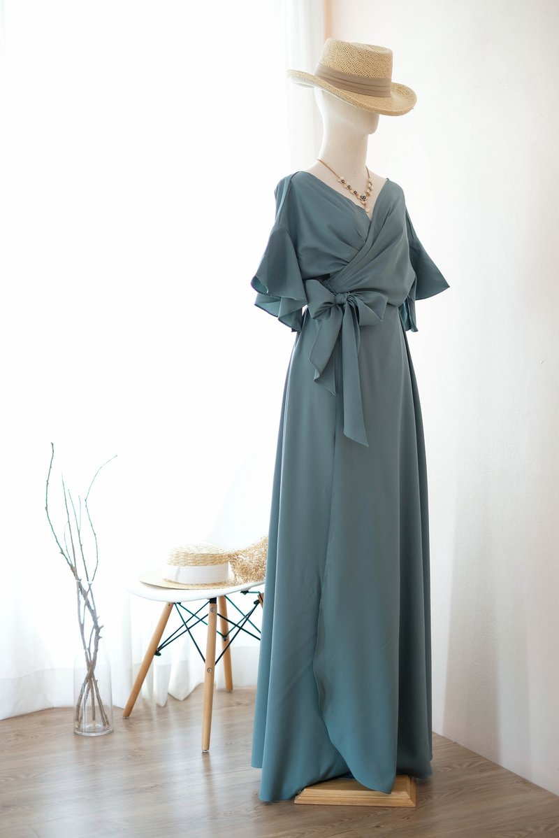 Earthy sage green maxi wrap dress Bridesmaid maxi party prom dress - 晚装/礼服 - 聚酯纤维 绿色