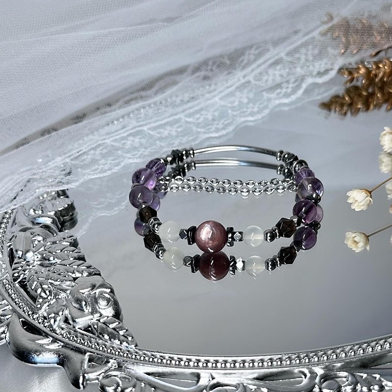 紫荆花の恋设计手串 - 紫水晶、茶晶、萤石、紫锂云母、月光石 - 手链/手环 - 水晶 紫色