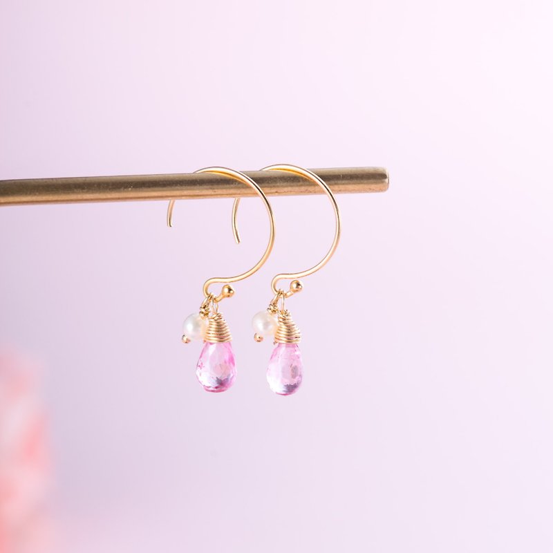 托帕石珍珠14KGF耳环 | 14K包金粉红色天然水晶925纯银耳夹 - 耳环/耳夹 - 宝石 蓝色