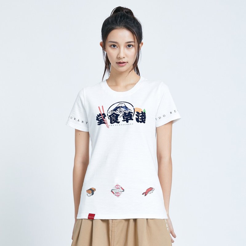 江户胜 日系 浅草食堂 LOGO 短袖T恤-女装 (米白色) #上衣 - 女装 T 恤 - 棉．麻 白色