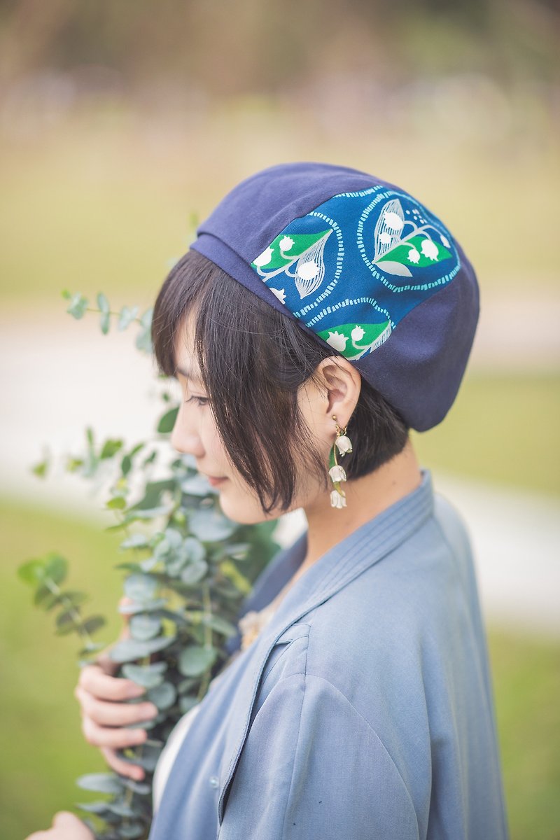 【铃兰花】手工印花贝蕾帽/贝雷帽/画家帽 - 帽子 - 棉．麻 蓝色