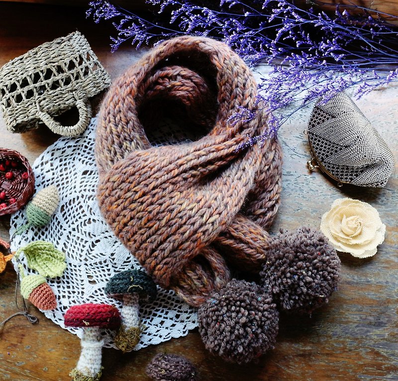 Handmade手作-大地色系球球毛线围巾-交换礼物 - 围巾/披肩 - 羊毛 咖啡色
