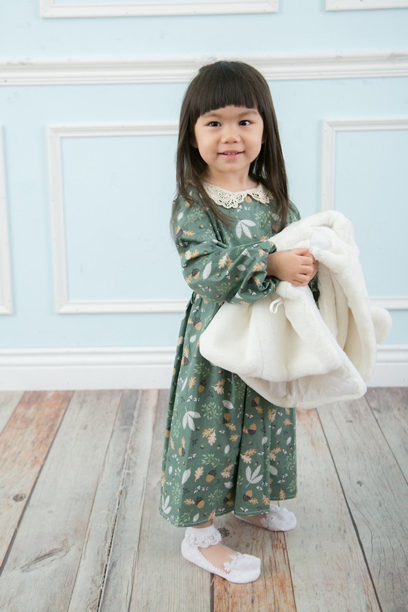 Cutie Bella镂空蕾丝领 长袖缩口 绑带印花洋装 深绿底橡果树叶 - 童装礼服/连衣裙 - 棉．麻 绿色