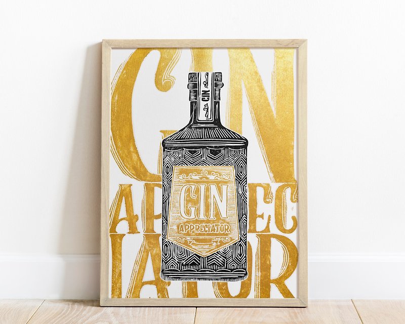 Linocut print Gin wall art Modern alcohol poster Bar art Original artwork