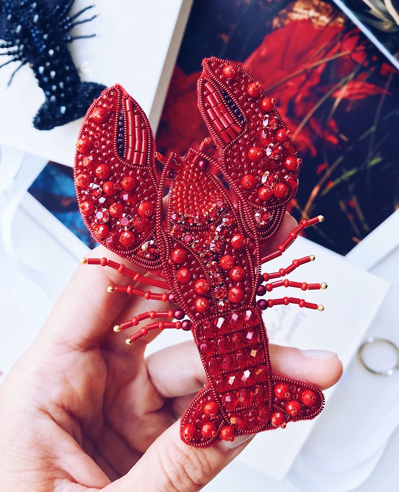 Handmade Embroidered Red Lobster Beaded Brooch