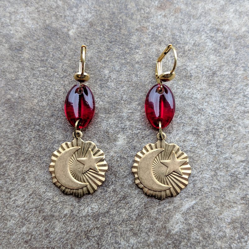 红色古董玻璃星月耳环 - 耳环/耳夹 - 玻璃 